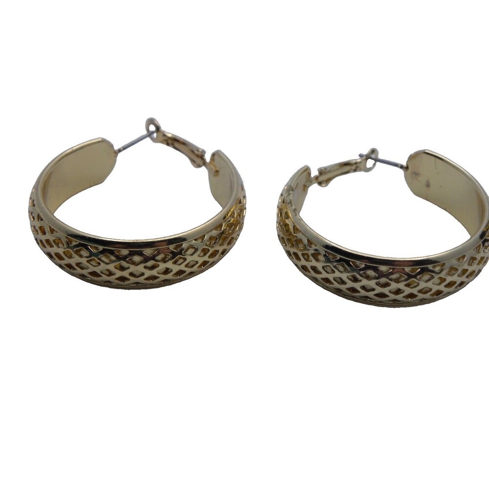 Vintage Gold Hoop Earrings Lattice Openwork Basket Weave Chunky Retro Pierced